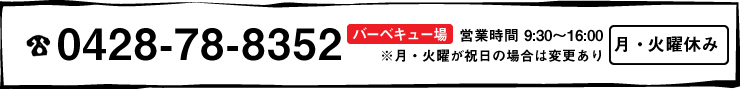0428-78-8352 バーベキュー場 営業時間9時~16時 月曜休み